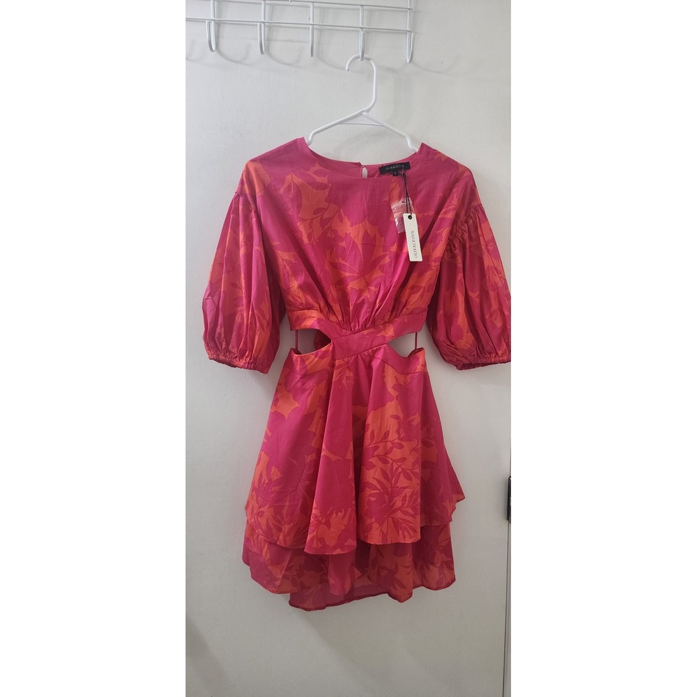Olivaceous Pink Orange Floral Cutout Puff Sleeve Tiered Mini Dress Medium NEW
